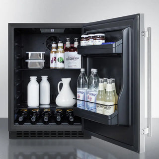 Summit 24" Wide Built-In All-Refrigerator with open door displaying various bottles and containers.