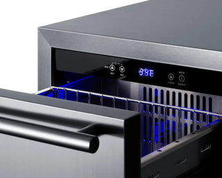 Summit ADRD18 18" Wide 2-Drawer All-Refrigerator with open door showing interior and digital display.