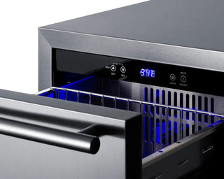 Summit ADRD18H34 18" Wide 2-Drawer All-Refrigerator with open drawer showing interior and digital display.