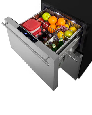 Summit ADRD241 24" Wide 2-Drawer All-Refrigerator drawer with food items including fruits and drinks on a white background