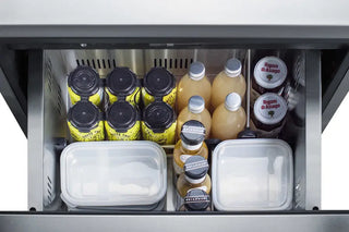 Open Summit ADRD24PNR 24" Wide 2-Drawer All-Refrigerator drawer with various bottles and containers inside