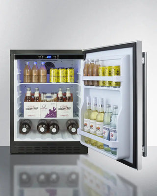 Summit AL55 24" Wide Built-In All-Refrigerator with open door displaying various drinks on a white background