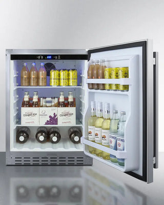 Summit AL55CSS 24" Wide Built-In All-Refrigerator with open door displaying various drinks on a white background