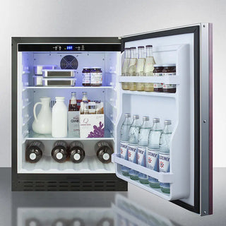 Summit AL55IF 24" Wide Built-In All-Refrigerator with open door displaying various items including bottles and containers.