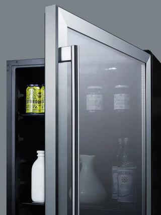 Summit AL57G 24" Wide Built-In Commercial Beverage Center with open door showing drinks inside, including a can of Storeroos.