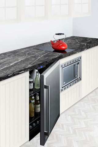 Modern kitchen with Summit AL57G 24" Wide Built-In Commercial Beverage Center and black marble countertop