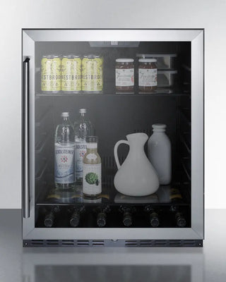 Summit AL57GCSS 24" Wide Built-In Beverage Center with glass door displaying drinks and bottles on a white background
