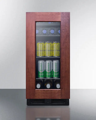 Summit ALBV15PNR 15" Wide Built-In Beverage Center with wooden frame and glass door displaying drinks on a white background