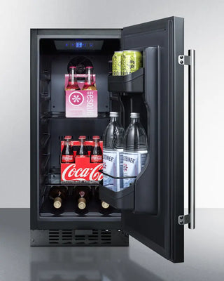 Summit ALR15B 15" Wide Built-In All-Refrigerator with open door displaying various drinks on a gray background