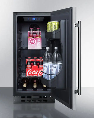 Summit ALR15BCSS 15" Wide Built-In All-Refrigerator with open door displaying various drinks including Coca-Cola and Heineken.