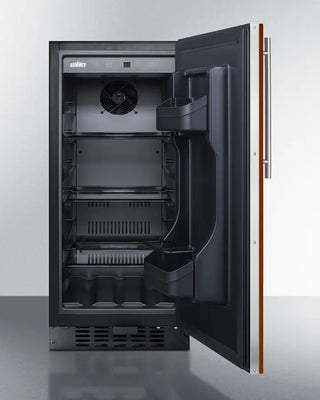 Summit ALR15BIF 15" Wide Built-In All-Refrigerator with a black interior and stainless steel exterior, featuring a door open on a white background.