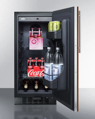 Summit ALR15BIF 15" Wide Built-In All-Refrigerator with open door displaying various drinks on a gray background