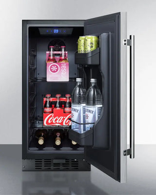 Summit ALR15BSS 15" Wide Built-In All-Refrigerator with open door displaying various drinks on a gray background