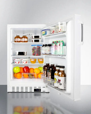 Open Summit ALR46W 20" Wide Built-In All-Refrigerator with various food items on a white background