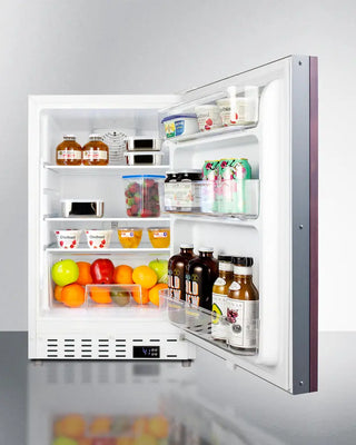 Open Summit ALR46WIF 21" Wide Built-In All-Refrigerator with various food items on a gray background