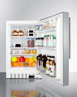 Open Summit ALR46WSSHV 21" Wide Built-In All-Refrigerator with various food items on a white background