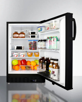 Summit ALR47B 20" Wide Built-In All-Refrigerator with open door displaying various food items on a white background