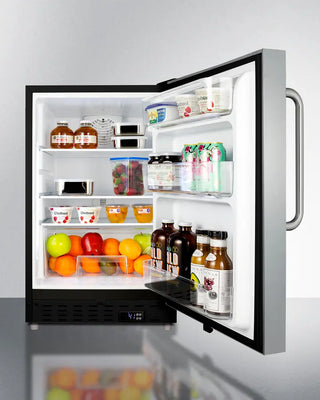 Open Summit ALR47BCSS 21" Wide Built-In All-Refrigerator with various food items on a white background