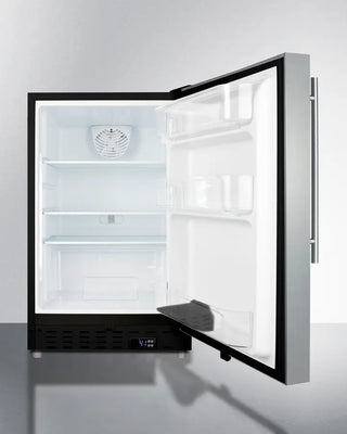 Single-door Summit ALR47BSSHV 21" Wide Built-In All-Refrigerator with open door on a white background