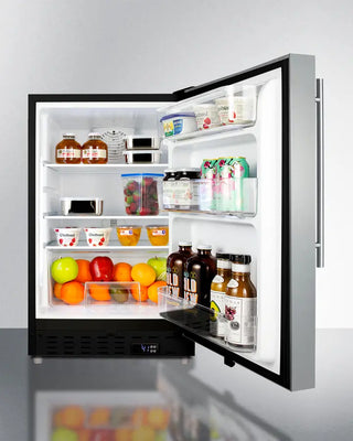 Open Summit ALR47BSSHV 21" Wide Built-In All-Refrigerator with various food items on a white background
