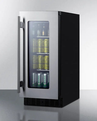 Summit ASDG1521 15" Wide Built-In Beverage Center with glass door displaying drinks on a white background