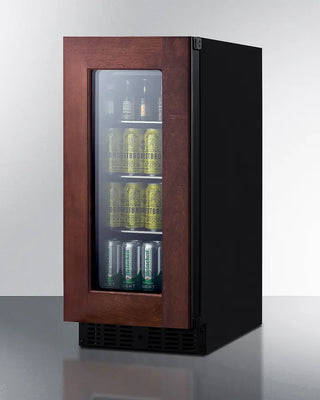 Summit ASDG1521PNRLHD 15" Wide Built-In Beverage Center with glass door displaying cans on a white background