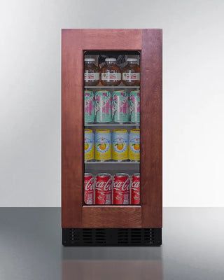 Summit ASDG1521PNRLHD 15" Wide Built-In Beverage Center with glass door displaying various drinks on a white background