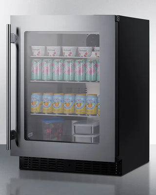 Summit ASDG2411 24" Wide Built-In Beverage Center with glass door displaying drinks on a white background