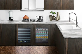 Modern kitchen with dark wood cabinets, a Summit ASDG2411PNR 24" Wide Built-In Beverage Center, and a countertop.