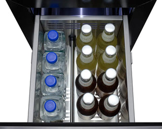 Open Summit ASDR1524 15" Wide 2-Drawer All-Refrigerator drawer with bottles of water and beer.