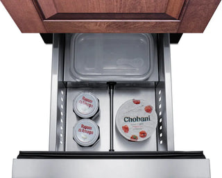 Yogurt containers in a rSummit ASDR1524PNR 15" Wide 2-Drawer All-Refrigerator drawer with visible brand names.