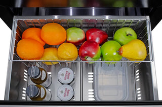 Fruit and bottle storage in a Summit ASDR2414 24" Wide 2-Drawer All-Refrigerator with apples, oranges, and pears.