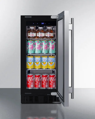 Summit ASDS1523 15" Wide Built-In All-Refrigerator with open door displaying various drinks.