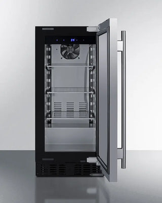 Single-door Summit ASDS1523 15" Wide Built-In All-Refrigerator with open door on a white background