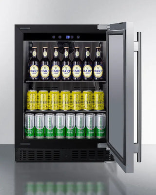 Summit ASDS2413 24" Wide Built-In All-Refrigerator with Harp beer bottles and cans on a white background