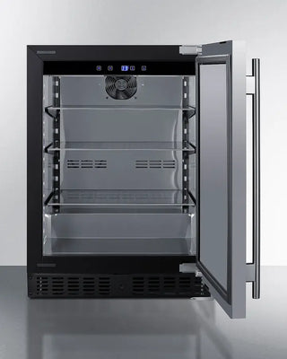 Black and silver Summit ASDS2413 24" Wide Built-In All-Refrigerator with open door on a white background