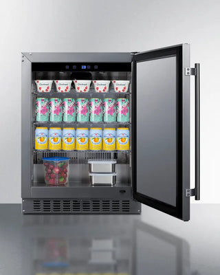 Summit ASDS2413CSS 24" Wide Built-In All-Refrigerator with open door displaying drinks.