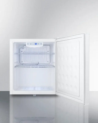 Summit AZAR27W Compact Allergy-Free All-Refrigerator with open door on a white background