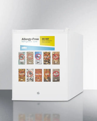 Allergy-free refrigerator zone sign with icons on Summit AZAR27W Compact Allergy-Free All-Refrigerator on a white background