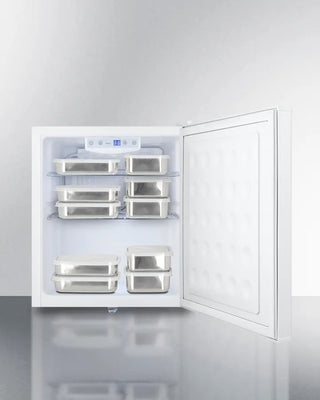 Summit AZAR27W Compact Allergy-Free All-Refrigerator with open door showing storage containers on a white background