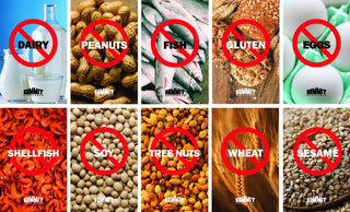 Grid of food allergen images with 'Summit' branding, including dairy, peanuts, fish, gluten, eggs, shellfish, soy, tree nuts, wheat, and sesame for Summit AZAR27W Compact Allergy-Free All-Refrigerator.