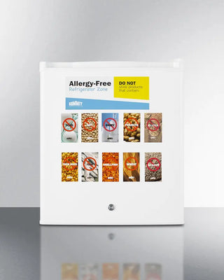 Allergy-free refrigerator zone sign with icons and labels on Summit AZAR27W Compact Allergy-Free All-Refrigerator on a white background