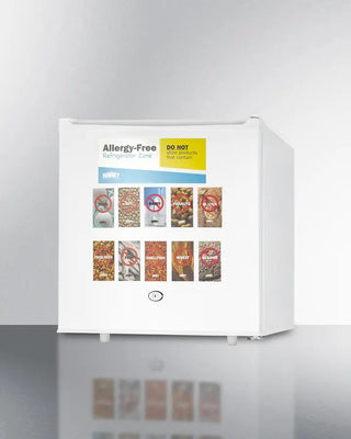 White Summit AZAR2W 19" Wide Allergy-Free All-Refrigerator with allergy-free food packaging labels on a white background