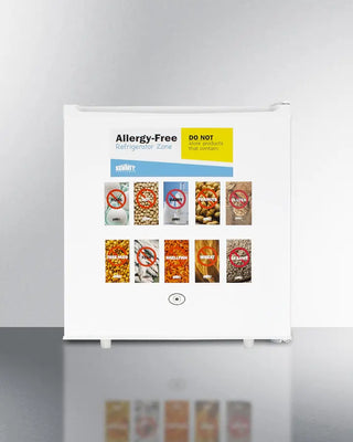 Allergy-free food label with images of food items and symbols on Summit AZAR2W 19" Wide Allergy-Free All-Refrigerator on a white background