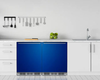 BlueSummit BAR631BKB 24" Wide All-Refrigerator in a modern kitchen with white cabinets and appliances.