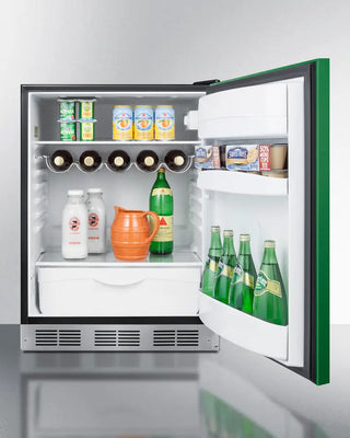Open Summit BAR631BKG 24" Wide All-Refrigerator with various items including bottles and a pitcher on a white background