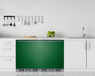 Modern kitchen with a green Summit BAR631BKGADA 24" Wide All-Refrigerator and white cabinets.