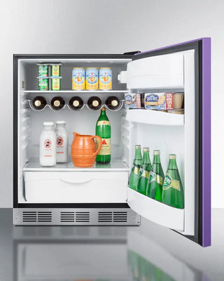 Purple Summit BAR631BKPADA 24" Wide All-Refrigerator with open door displaying various items including bottles and a pitcher.