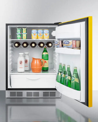 Yellow Summit BAR631BKY 24" Wide All-Refrigerator with open door displaying various items on a white background