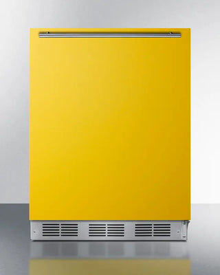Yellow Summit BAR631BKYADA 24" Wide All-Refrigerator with stainless steel base and top on a white background